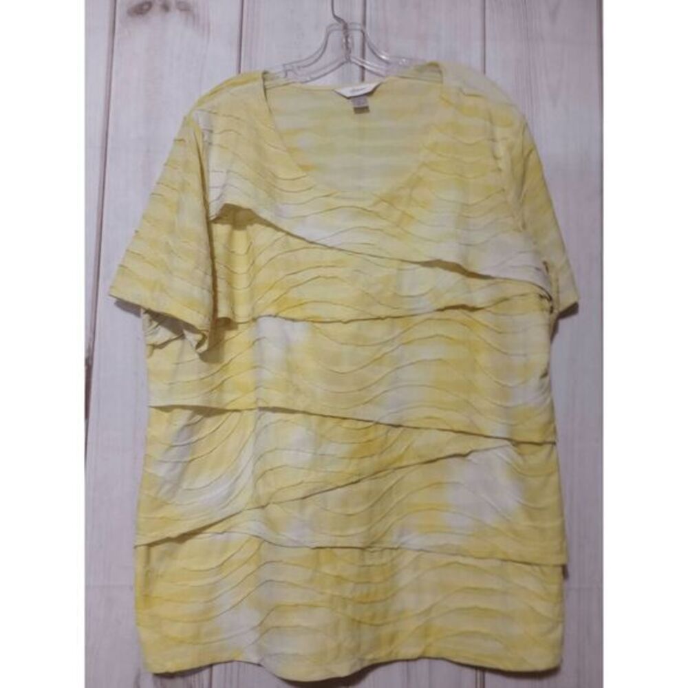CJ Banks Womens 2X Yellow Tie Dye Layered Wavy Tiered Short‎ Sleeve Top